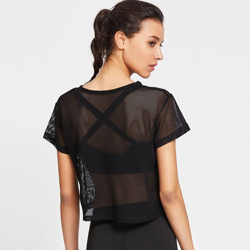 Black Mesh Yoga Short Sleeves T-Shirt - Image 3