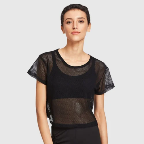 Black Mesh Yoga Short Sleeves T-Shirt