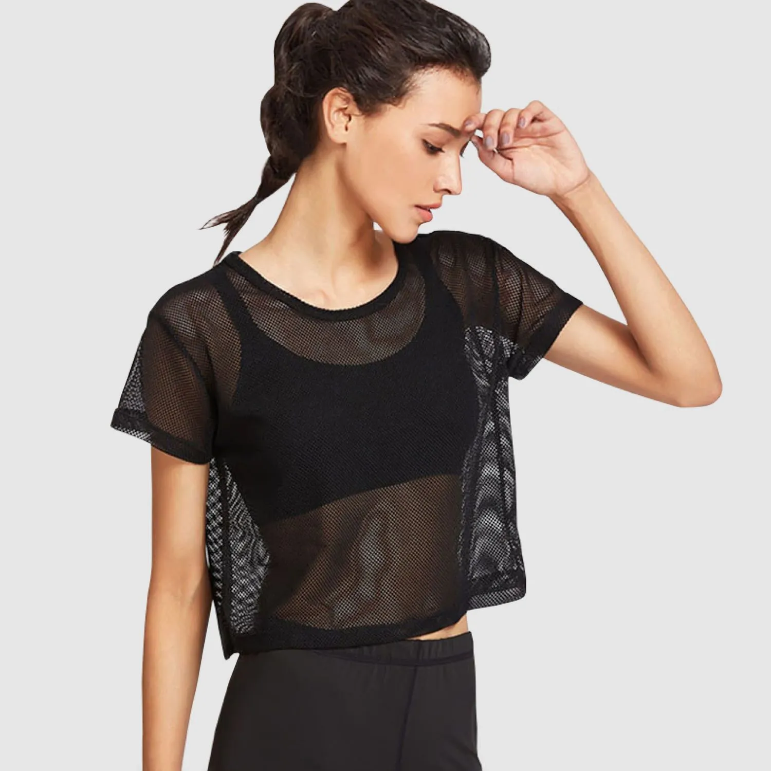 Black Mesh Yoga Short Sleeves T-Shirt - Image 2