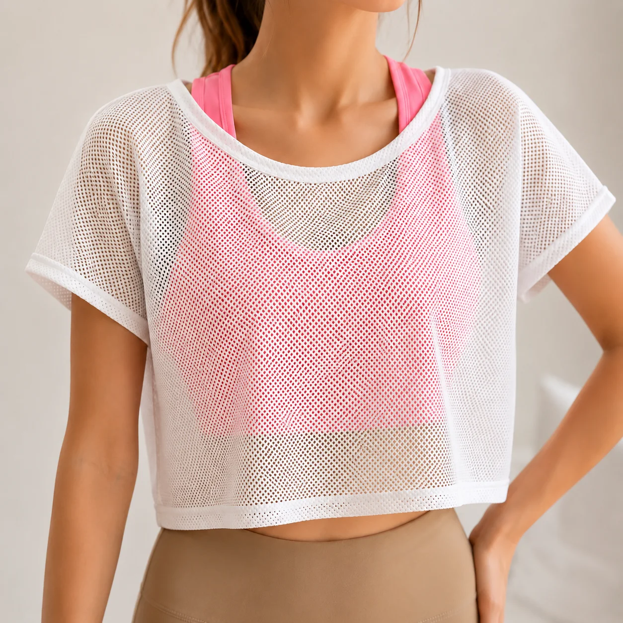 White Mesh Yoga Short Sleeves T-Shirt - Image 2