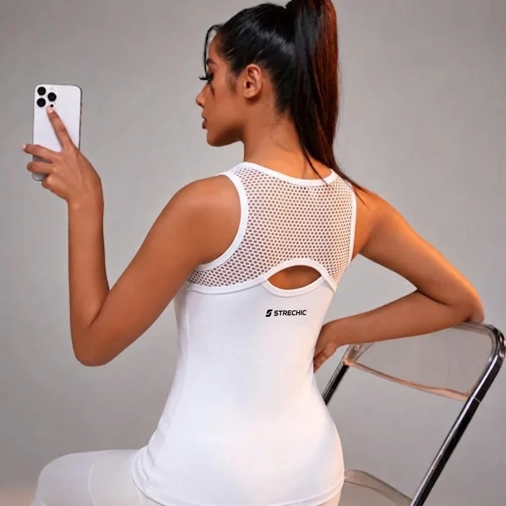 Powerista White Sleeveless Mesh Panel Workout Top - Image 4