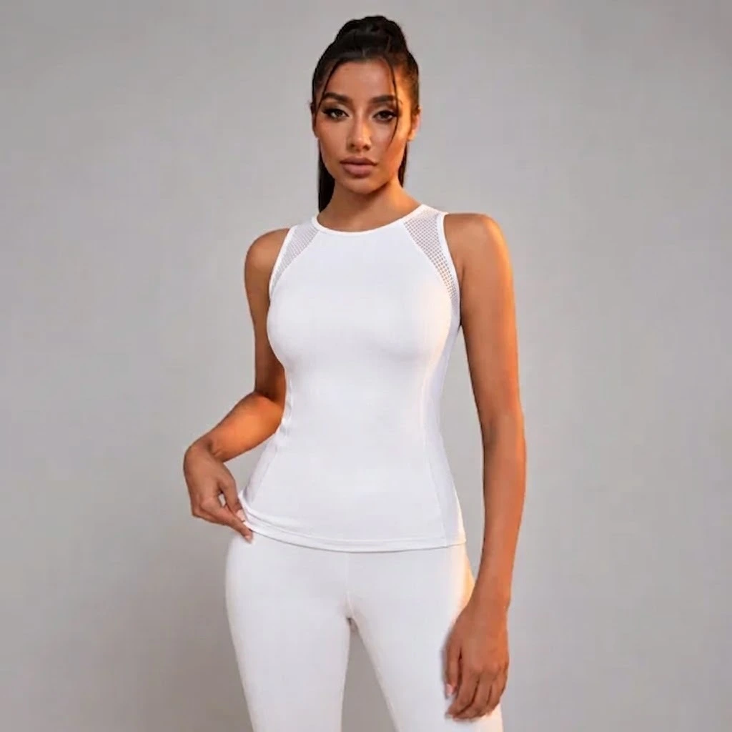 Powerista White Sleeveless Mesh Panel Workout Top - Image 5